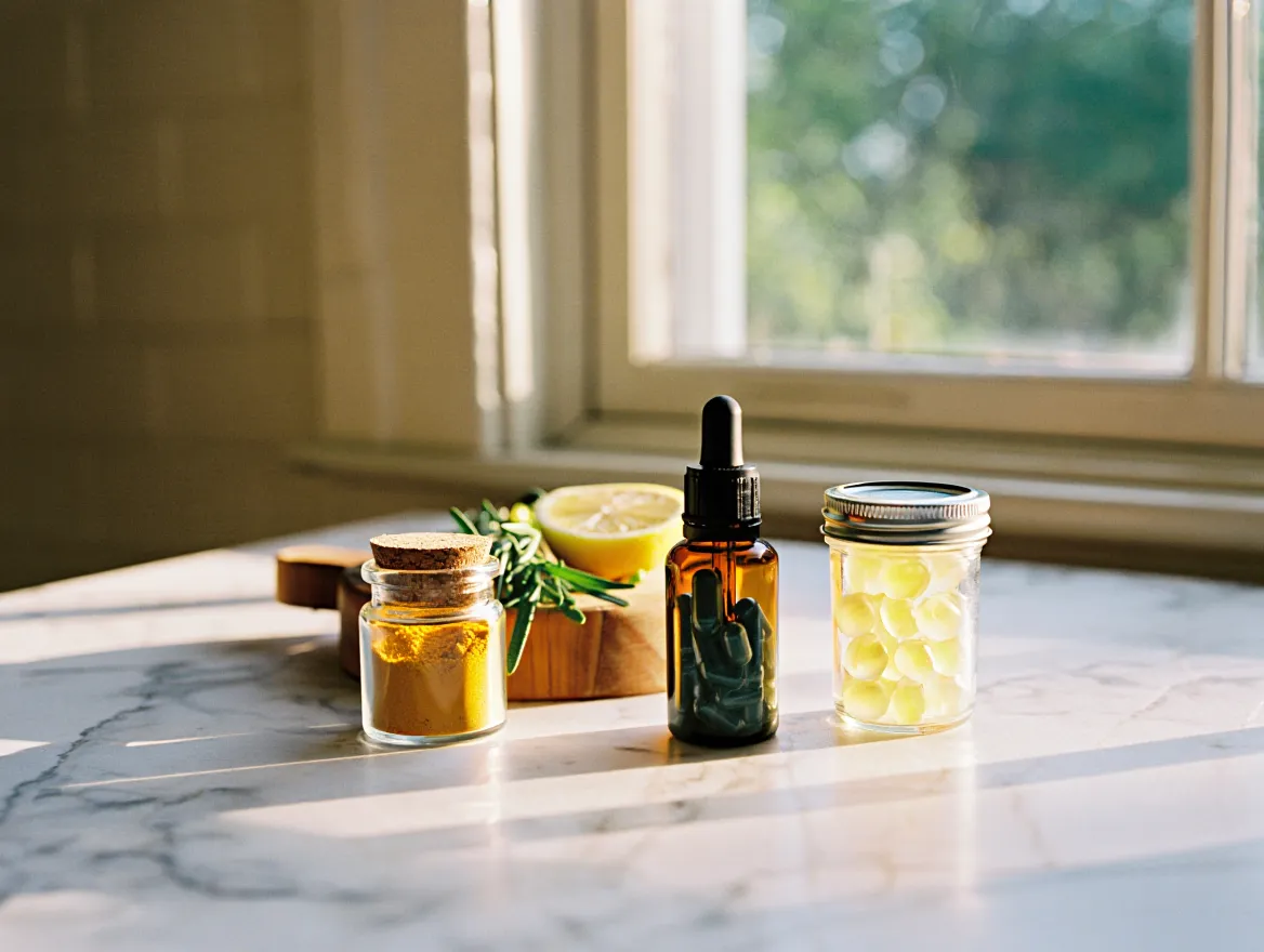 Assortment of natural vitamin supplements in glass containers on a bright surface
